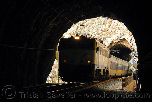 train in tunnel, desfiladero de los gaitanes, el caminito del rey, el camino del rey, el chorro, electric, headlights, locomotive, passenger train, railroad, railway, signs, train engine, trespassing, tunnel, urbex