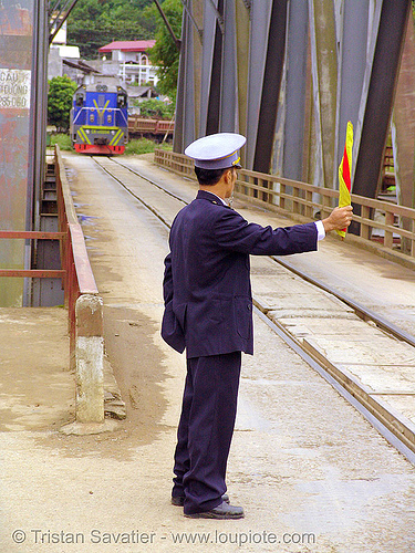 train on bridge - vietnam, flagman, rail bridge, rail tracks, railroad bridge, railroad tracks, railway tracks, train tracks, vietnam