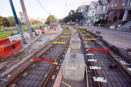 tramway track construction, alignment tools, duboce, light rail, muni, ntk, rail jacks, railroad construction, railroad tracks, railway tracks, san francisco municipal railway, track jacks, track maintenance, track work, yellow