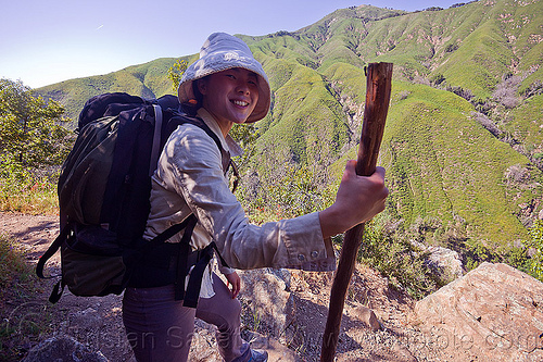 trekker with walking stick (vantana wilderness), backpack, backpacking, big sur, hiking, pine ridge trail, sun hat, trekking, vantana wilderness, walking stick, woman