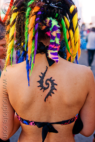 tribal back tattoo, dreadfalls, dreadlocks, gay pride festival, hair extensions, tattooed, tattoos, tribal tattoo, twisted jessikr, woman