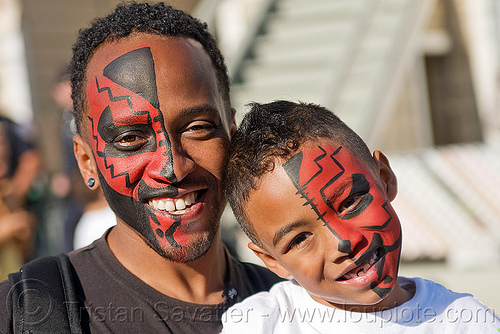 tribal red face paint - father and son, african american man, black man, child, father, half face, kid, red, son, tribal facepaint