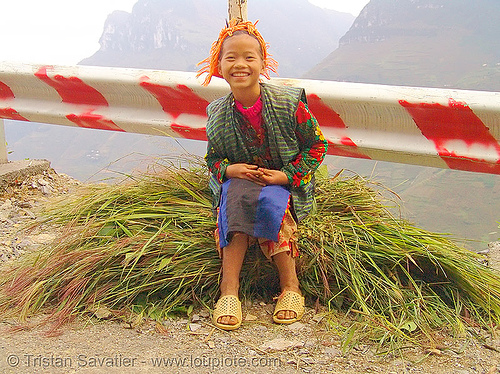 tribe girl carrying grass - vietnam, child, colorful, hill tribes, indigenous, kid, road