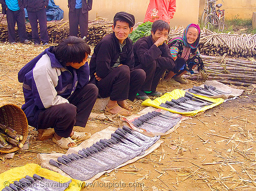 tribe people selling billhooks at the market - vietnam, billhooks, hill tribes, indigenous, mèo vạc, sickle, stall, street market, street seller