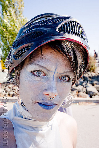 trista - superhero street fair (san francisco), blue lipstick, helmet, islais creek promenade, silver makeup, superhero street fair, trista, woman