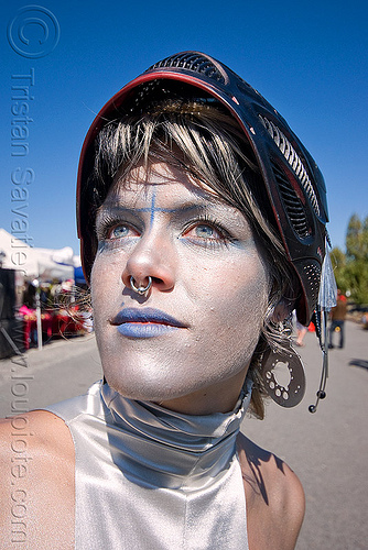 trista - superhero street fair (san francisco), blue lipstick, helmet, islais creek promenade, silver makeup, superhero street fair, trista, woman