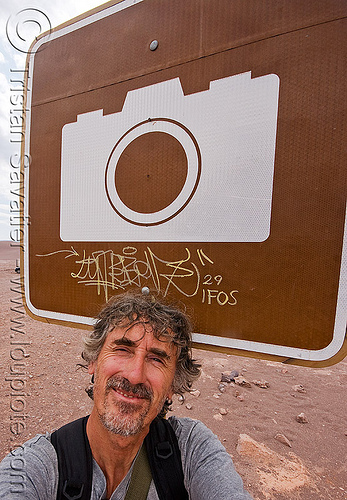 tristan savatier - selfportrait, camera, chile, man, photo, photography, road sign, san pedro de atacama, self portrait, selfie, valle de la luna