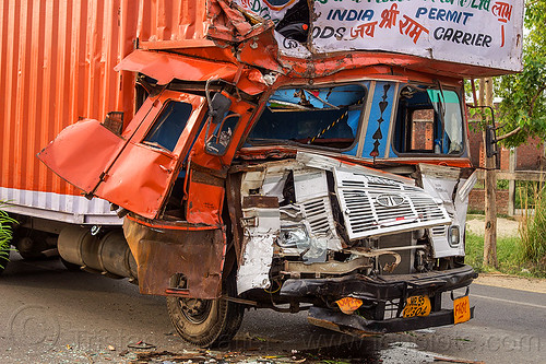 truck accident - crushed cab - frontal collision (india), cabin, crushed, delhi gujarat fleet carrier, dgfc, frontal collision, head-on collision, india, lorry, road crash, tata motors, traffic accident, traffic crash, truck accident, wreck