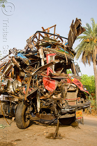 truck after head-on collision - fatal accident (india), cabin, crushed, deadly, fatal, frontal collision, head-on collision, lorry accident, road crash, tata motors, traffic accident, traffic crash, truck accident, wreck