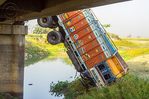 truck hanging off bridge - traffic accident (india), bridge, crash, crushed, hanging, lorry accident, overpass, river, road, tata motors, traffic accident, truck accident, west bengal, wreck