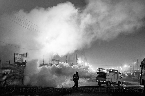 truck spraying ddt insecticide at kumbh mela (india), air quality, ddt, environment, fog truck, fogger truck, fogging, hindu pilgrimage, hinduism, insecticide, kumbh mela, lorry, night, pollution, smog, spray gun, spraying, white smoke