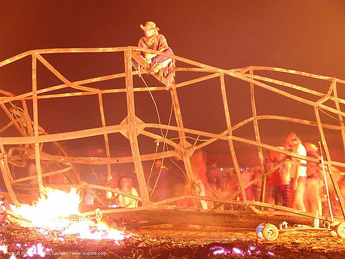 twisted metal structure after the temple burn - burning man 2004, burning man, fire, night, temple burn, temple burning
