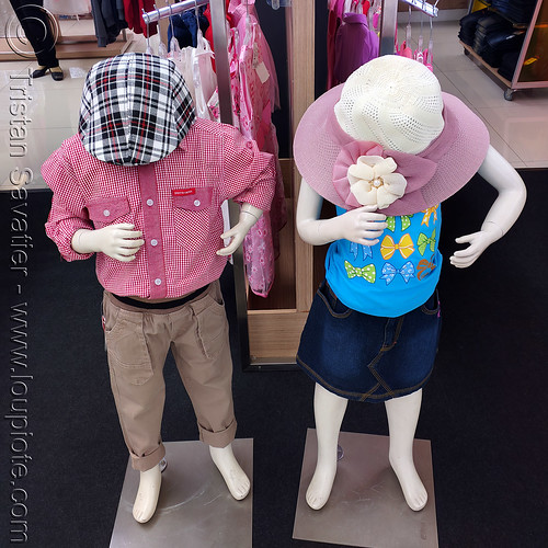 two store dummies with hats but no heads, clothing store, hats, shop, store dummies