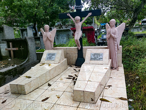 two tombs with angels and crucifix - jogjakarta christian cemetery, graves, graveyard, jogjakarta christian cemetery, tombs, tpu utaralaya