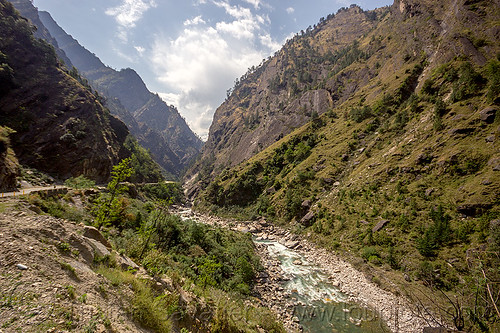 upper alaknanda river valley (india), alaknanda river, alaknanda valley, landscape, mountain river, mountain road, mountains, v-shaped valley