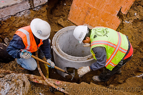 utility workers digging around storm drain construction, comcrete, construction workers, drainage, hard hat, high-visibility jacket, high-visibility vest, reflective jacket, reflective vest, safety helmet, safety jacket, storm drain, utility workers, working