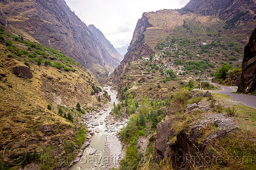 v-shaped valley in indian himalayas (india), dhauliganga river, dhauliganga valley, mountain river, mountains, raini chak lata, v-shaped valley, village