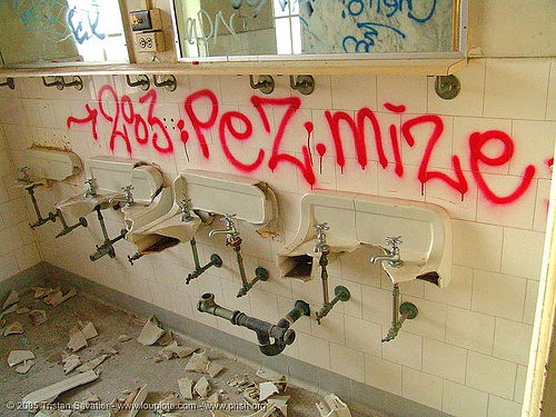 vandalism - vandalized bathroom - abandoned hospital (presidio, san francisco), abandoned building, abandoned hospital, bathroom, graffiti, presidio hospital, presidio landmark apartments, sinks, toilet, trespassing, vandalism, vandalized
