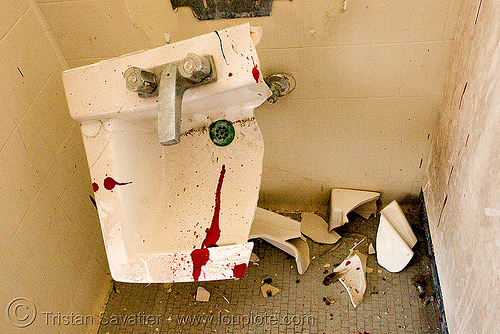 vandalized bathroom - abandoned hospital (presidio, san francisco), abandoned building, abandoned hospital, bathroom, blood, broken, presidio hospital, presidio landmark apartments, red, sink, toilet, trespassing, vandalism, vandalized