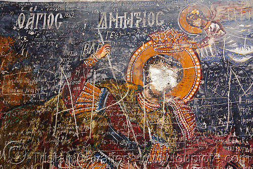 vandalized fresco - Sümela monastery  (turkey), byzantine, frescoes, graffiti, orthodox christian, painting, sumela, sümela monastery, trabzon, vandalism