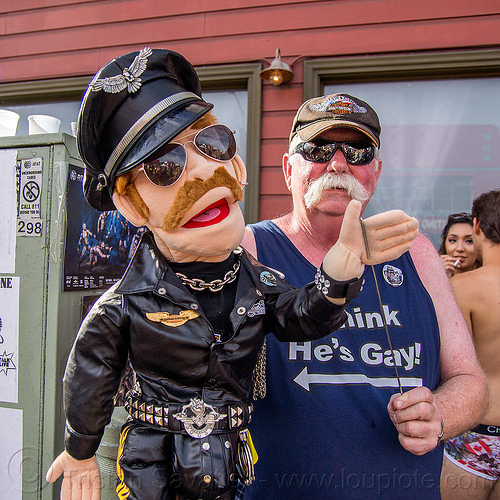 ventriloquist dummy - folsom street fair 2015 (san francisco), cap, fashion, leather uniform, man, police uniform, sunglasses, ventriloquist dummy, ventriloquist puppet