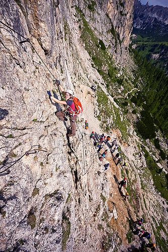 via ferrata brigata tridentina - dolomites, alps, cliff, climber, climbing harness, climbing helmet, dolomites, dolomiti, ferrata tridentina, mountain climbing, mountaineer, mountaineering, mountains, rock climbing, vertical, via ferrata brigata tridentina, woman