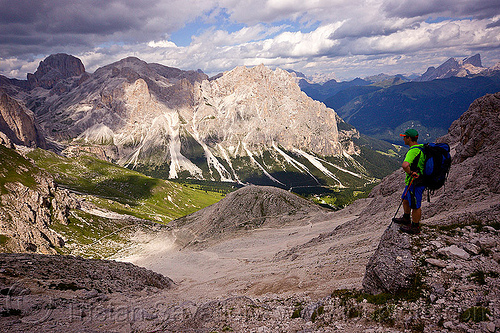 view from passo delle coronelle, alps, backpack, backpacker, dolomites, dolomiti, hiking, landscape, man, mountaineering, mountains, passo delle coronelle, trail, trekking