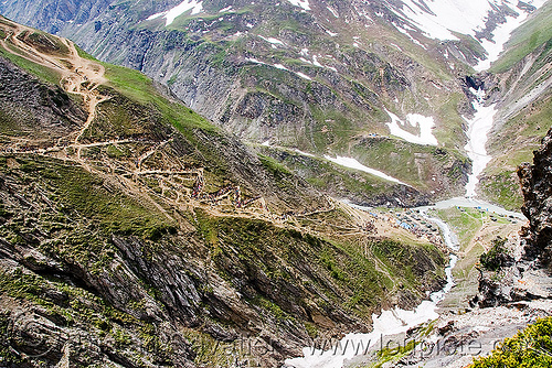 view of the trail - amarnath yatra (pilgrimage) - kashmir, amarnath yatra, hindu pilgrimage, kashmir, mountain trail, mountains, pilgrims, snow, valley