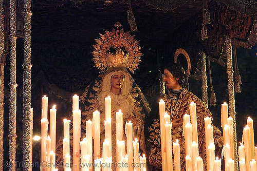 virgen del mayor dolor - hermandad de la pasión - paso de la virgen - semana santa en sevilla, candles, easter, float, hermandad de la pasión, madonna, night, paso de la virgen, sacred art, san juan, semana santa, sevilla, st john evangelist, virgen del mayor dolor