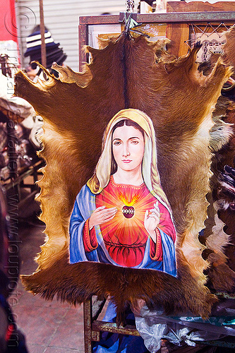 virgin mary with holy heart on goat skin, fur, goat skin, holy heart, madonna, malioboro, night, painting, sacred art, sacred heart, virgin mary