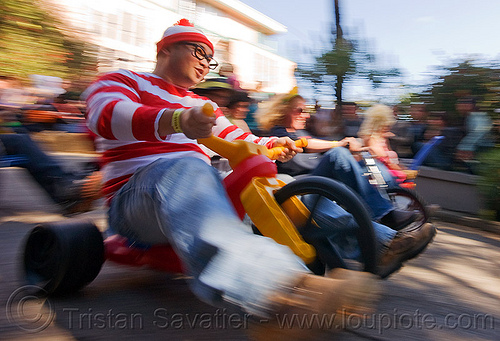 waldo costume - byobw - "bring your own big wheel" race - toy tricycles (san francisco), big wheel, byobw 2011, drift trikes, moving fast, potrero hill, race, speed, speeding, toy tricycle, toy trike, trike-drifting, waldo, wally