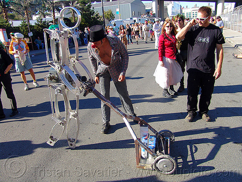 walking lawn-mowing robot - burning man decompression, lawnmower, lawnmowing, machine, walking robot