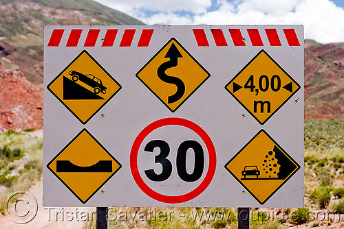 warning road signs, abra el acay, acay pass, argentina, danger, dangerous, lozenge, noroeste argentino, road sign, round, warning
