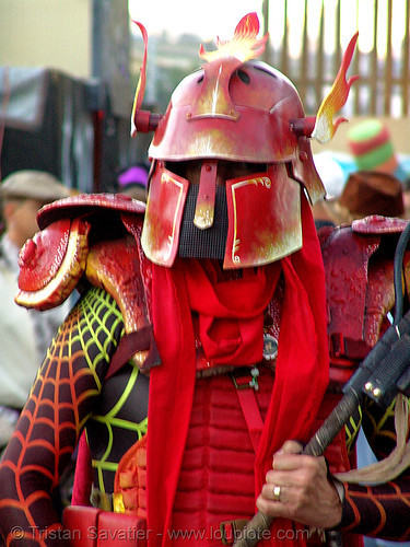 warrior with helmet - burning man decompression, costume, red, theatrical helmet, warrior