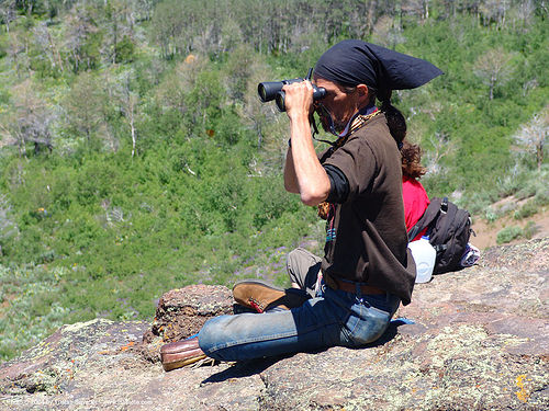 watchman - rainbow gathering - hippie, binoculars, head scarf, hippie, watchman