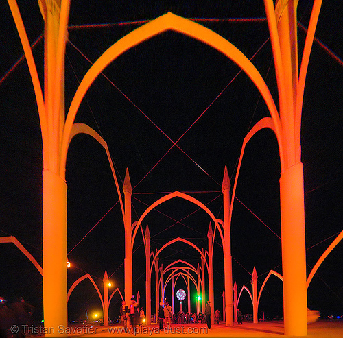 wedding in the cathedral - burning man 2006, art installation, burning man at night, cathedral, conexus, wedding