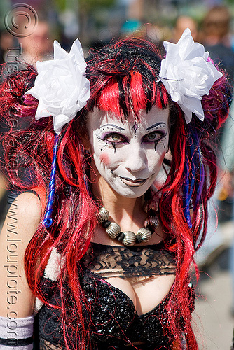 white flowers in red hair - woman - how weird street faire (san francisco), angela, red hair, white flowers, woman