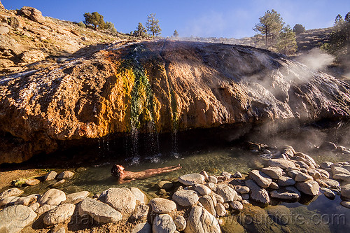 woman bathing in buckeye hot springs (california), bath, bathing, buckeye hot springs, california, concretions, dripping, eastern sierra, nude, pool, rocks, smoke, smoking, steam, travertine, woman