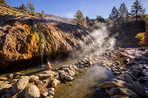 woman bathing in buckeye hot springs (california), bath, bathing, buckeye hot springs, california, concretions, dripping, eastern sierra, nude, pool, river, rocks, smoke, smoking, steam, travertine, woman