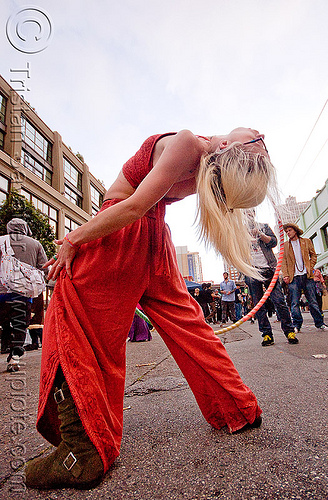 woman bending backward - how weird street faire (san francisco), blonde, cressie mae, hula hoop, hula hooper, red, woman