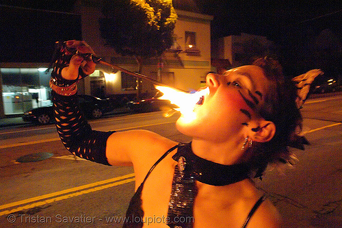 woman fire artist eating fire (san francisco), eating fire, fire dancer, fire dancing, fire eater, fire eating, fire performer, march of light, night, pyronauts