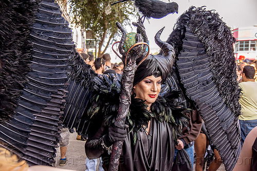 woman in black angel costume - feather wings, angel costume, angel wings, black angel, black bird, black feathers, ceremonial staff, ceremonial stick, woman