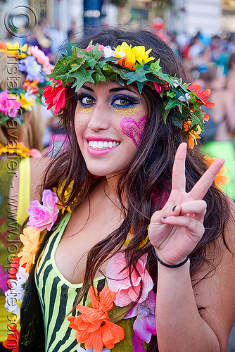 woman in flowery outfit, lovevolution, raver, woman