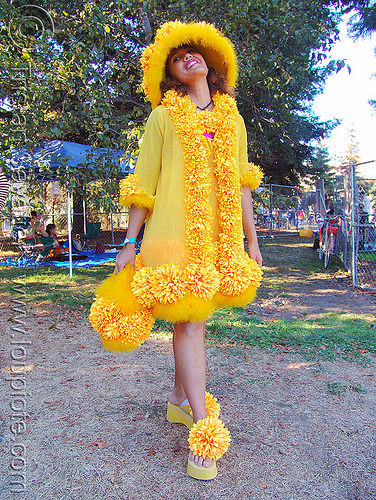woman in yellow costume - burning man decompression, costume, fashion, flower dress, woman, yellow flowers