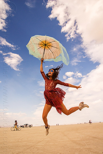 woman jumping with umbrella - burning man 2016, burning man, danielle, jump shot, red dress, umbrella, woman