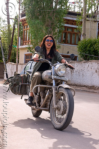 woman riding royal enfield motorcycle - leh (india), 350cc, grace liew, ladakh, motorcycle touring, motorcyclist, rider, riding, royal enfield bullet, woman
