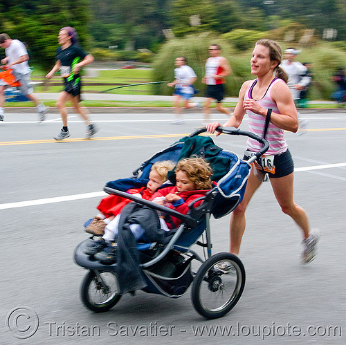 woman running with kids in a stroller, bay to breakers, children, footrace, kids, mother, runner, running, street party, stroller, woman
