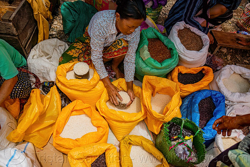 woman selling rice - rice stand on street market, bolu market, pasar bolu, rantepao, rice bags, rice merchant, rice shop, seller, sitting, tana toraja, vendor, woman