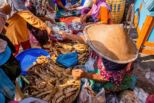 woman selling smoked fish meat at fish market, fish market, seafood, smoke fish, street seller, surabaya