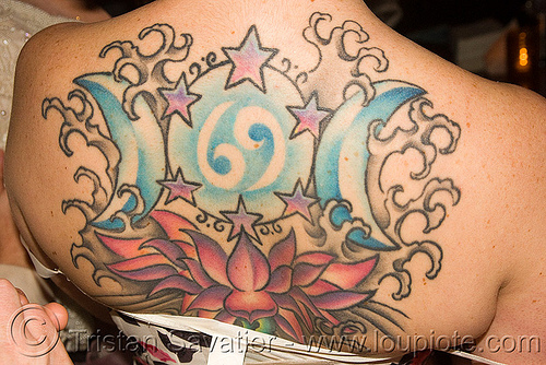 woman with back tattoo - brides of march (san francisco), 69, backpiece, bride, brides of march, lotus flower tattoo, tattooed, tattoos, woman